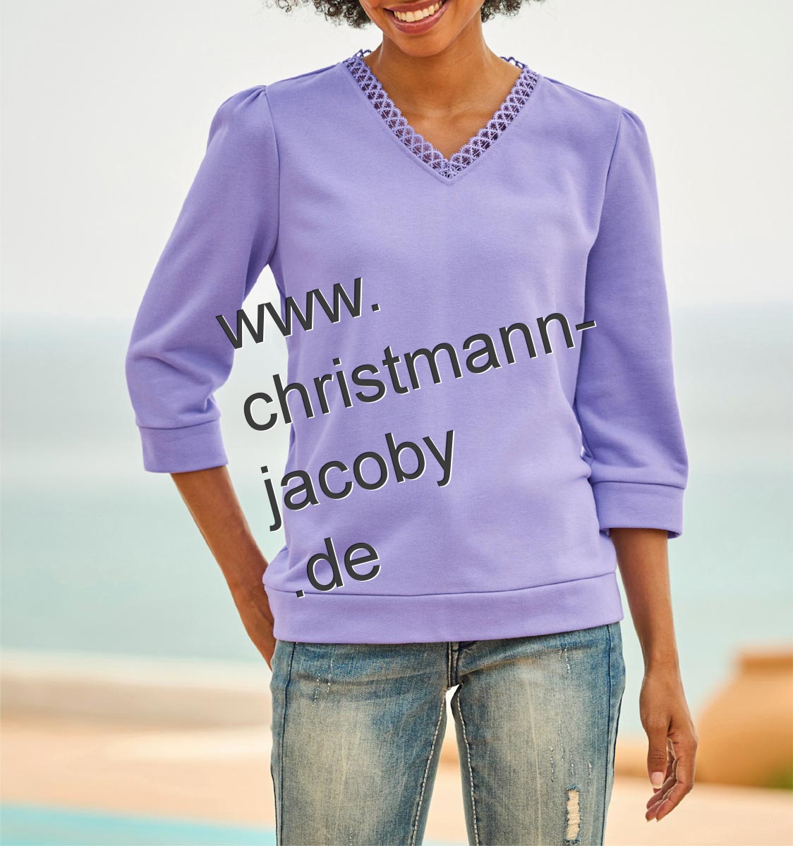 3/4-Arm-Sweatshirt mit Spitze, lavendel
