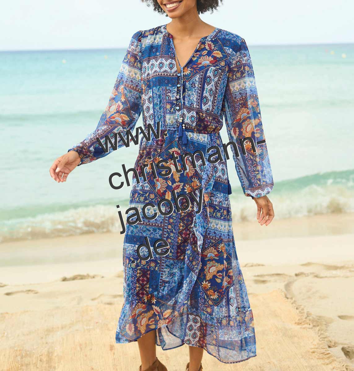 Wickel-Chiffonkleid m. Volants, marine-ocker