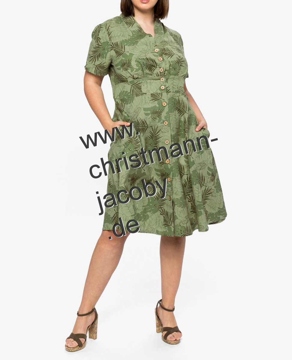 Leinen-Midi-Kleid, khaki-bedruckt