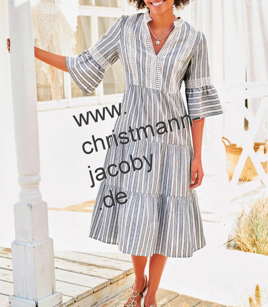 Designer-Kleid, ecru-dunkelblau