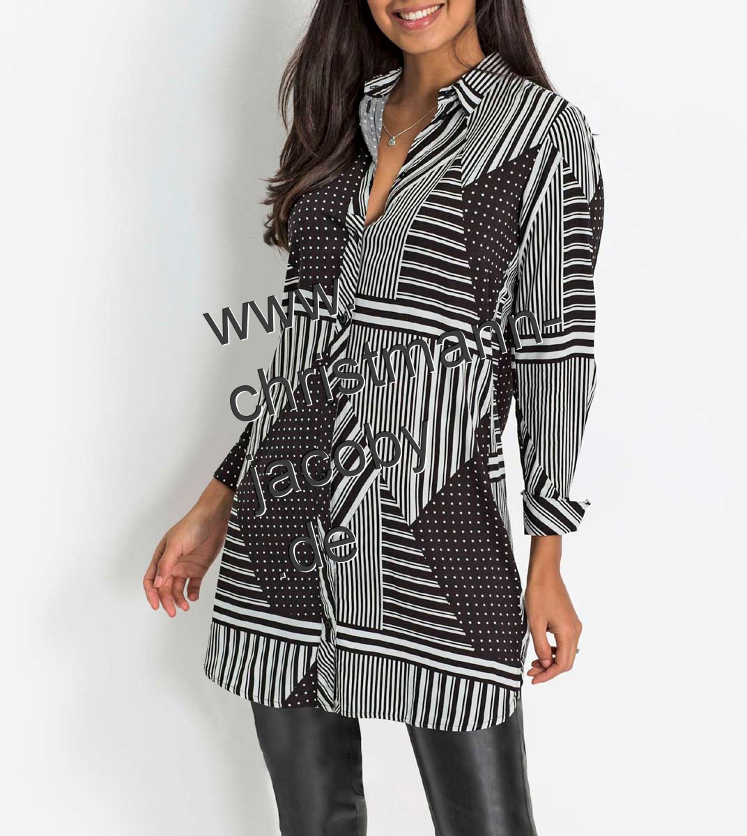 Hemdkragen-Longbluse, weiß-schwarz-bedruckt
