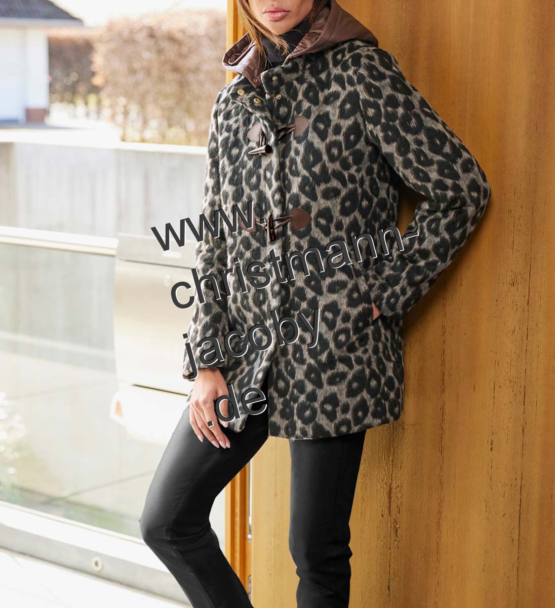 Animalprint-Woll-Dufflecoat, schwarz-camel