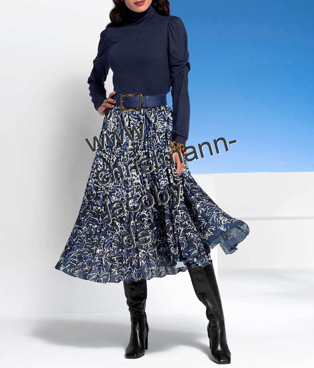 Plisseerock mit Rundumdehnbund, marine-ecru