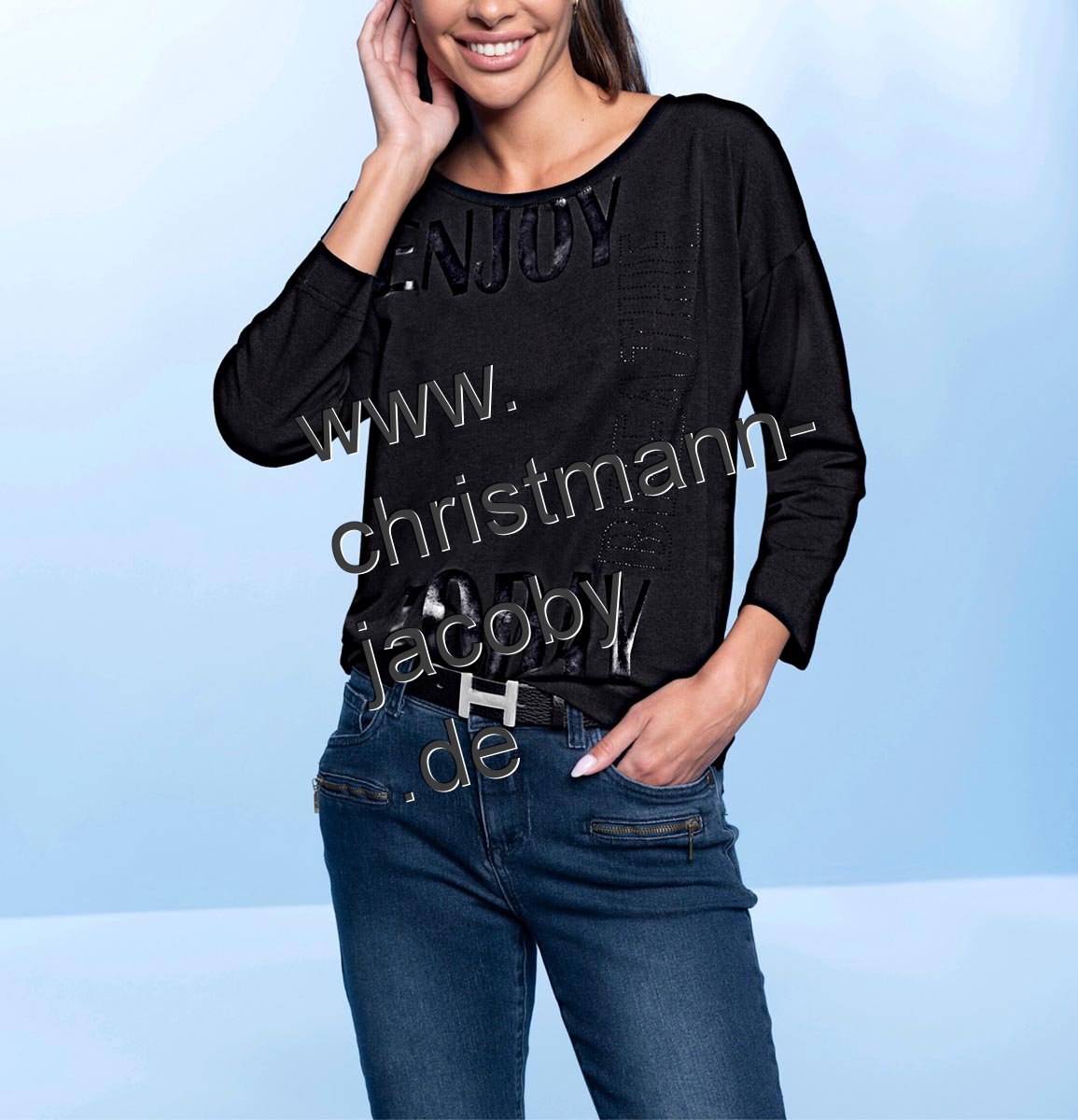 Rundhalsshirt m. Glitzersteinchen-Schriftzug, schwarz